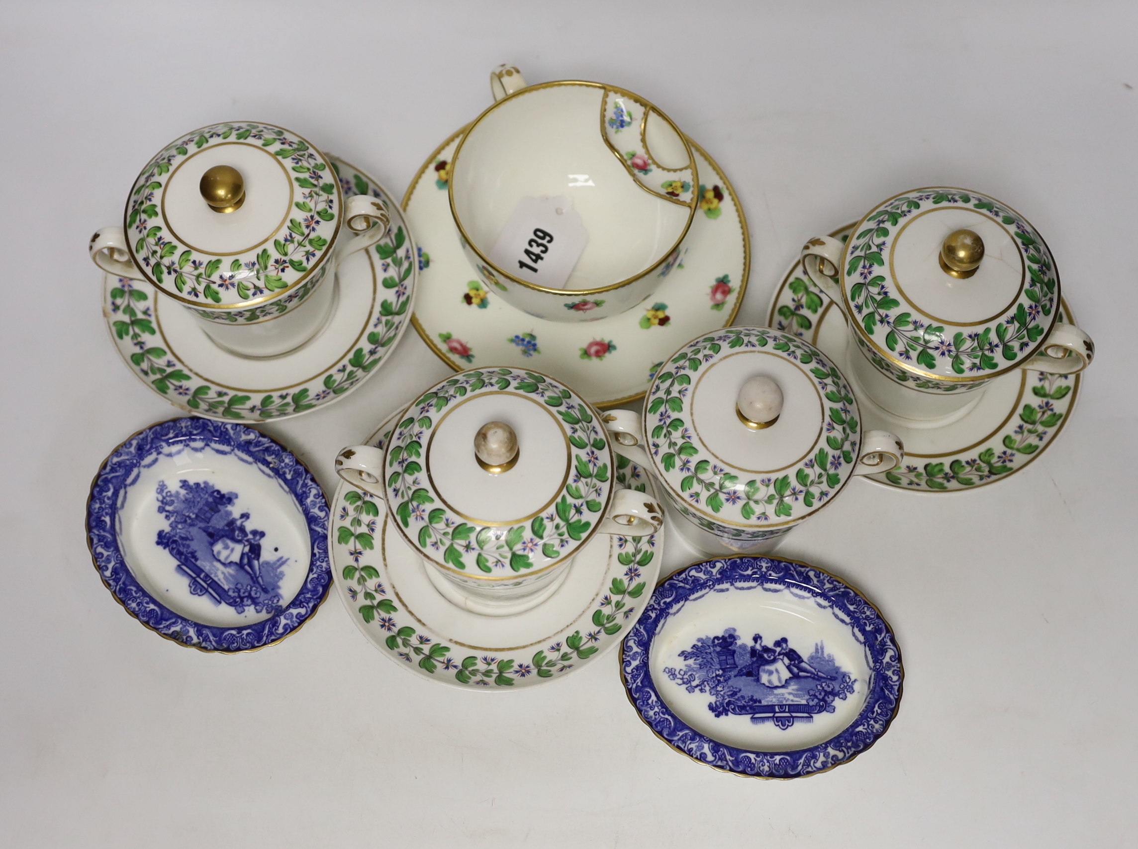 A moustache cup and other English tableware including a pair of Royal Doulton blue and white printed dishes